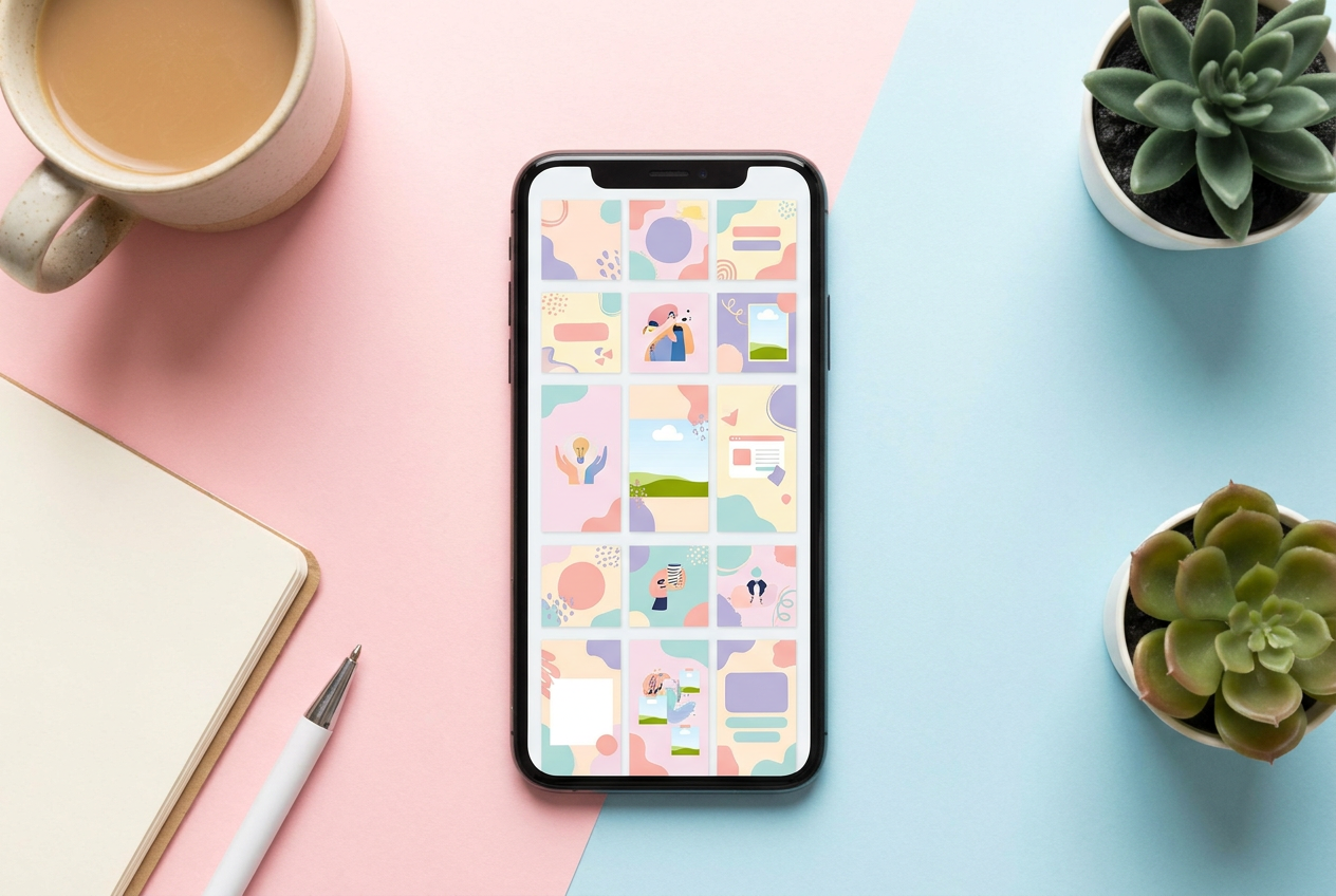 Smartphone met social media advertentie ontwerpen in verschillende formaten