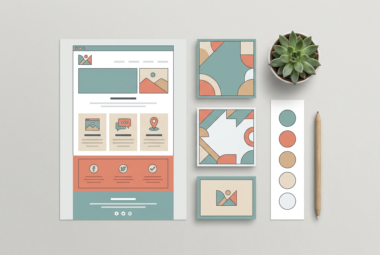 Overzicht van e-mailtemplates in verschillende stijlen naast social posts en een huisstijl