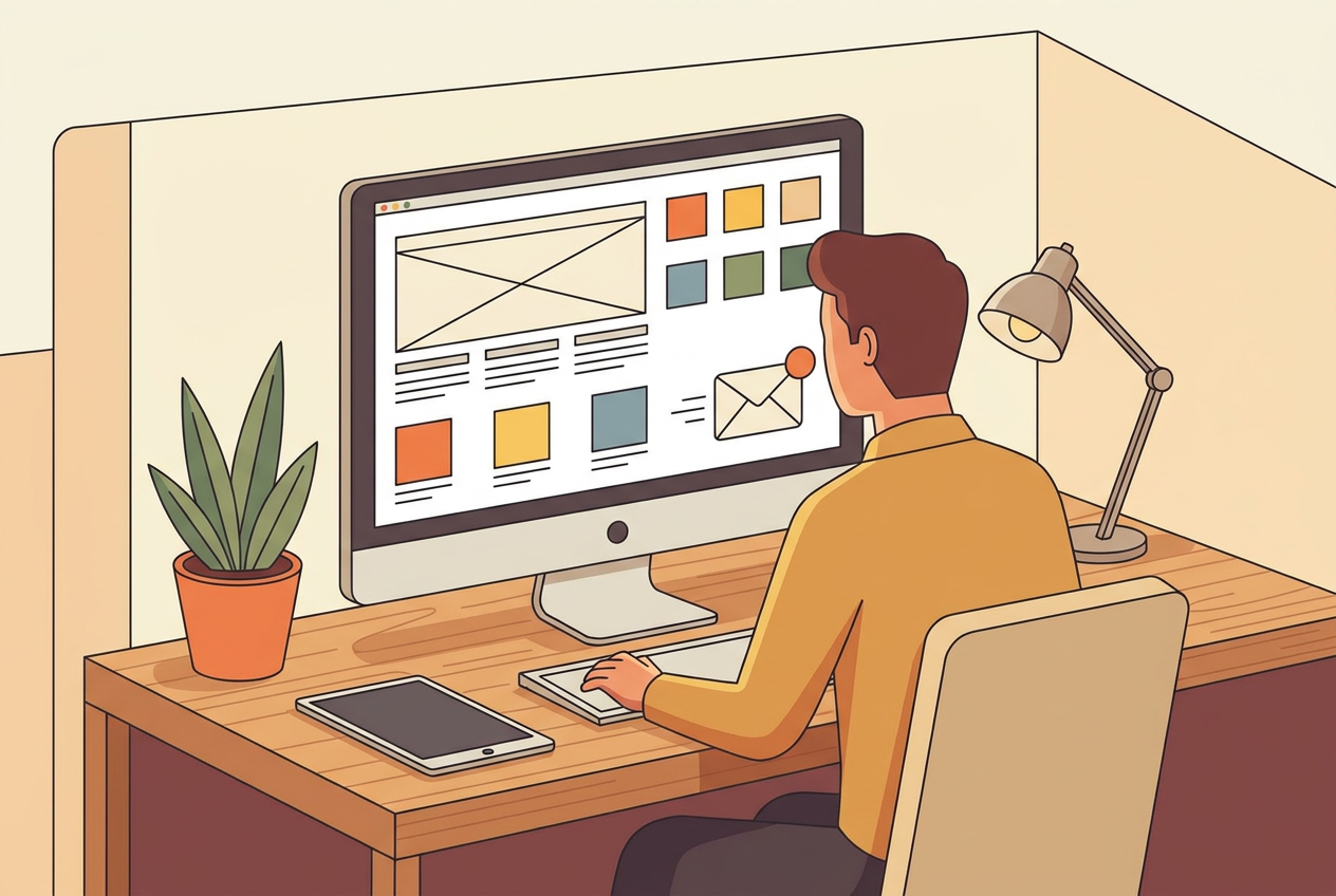 Grafisch ontwerper werkt aan een nieuwsbrief template met wireframe blokken en kleurstalen