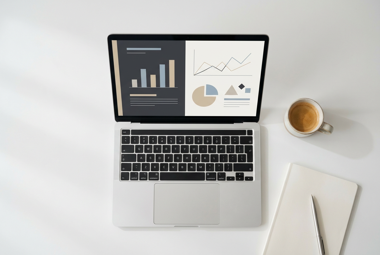 Minimalistische pitch deck slide op een laptop met grafieken en strakke vormgeving