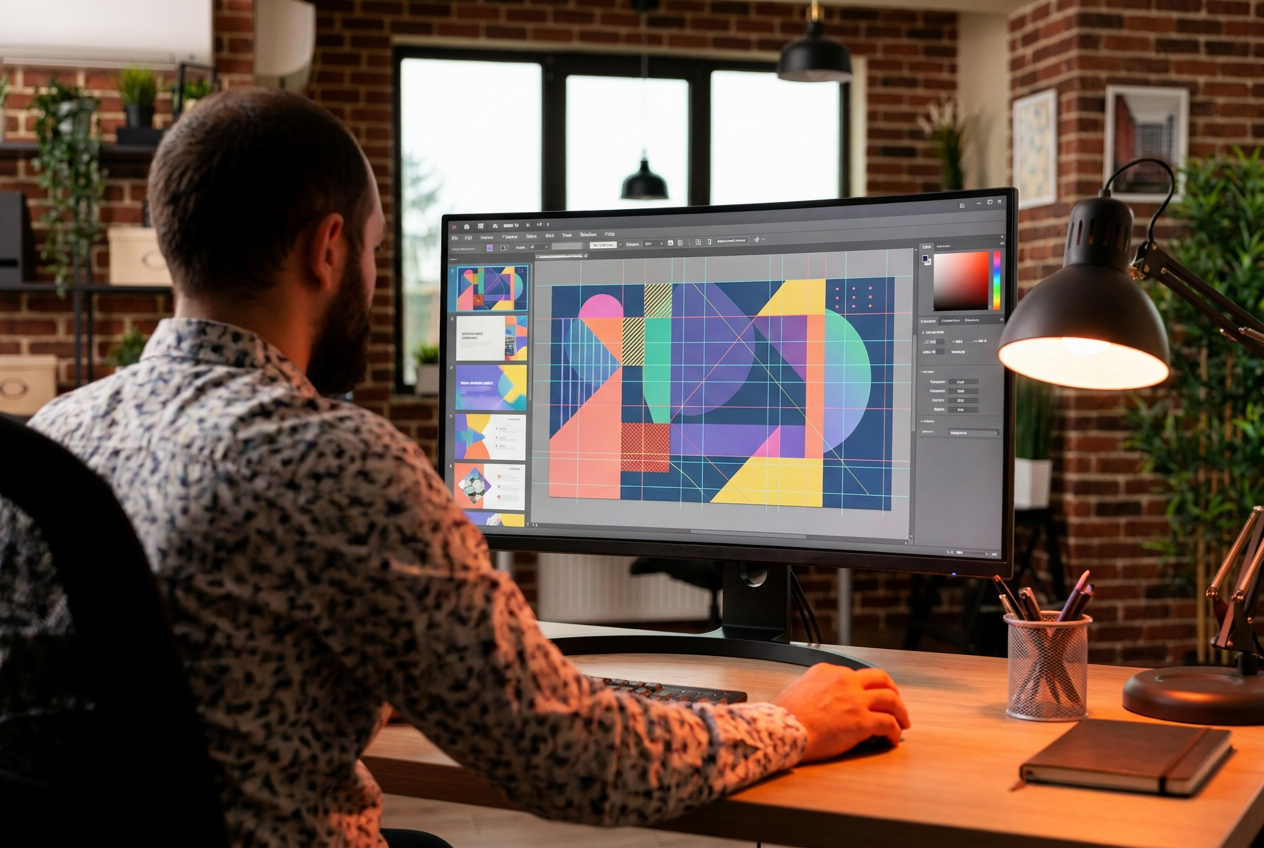 Designer werkt aan de vormgeving van pitch deck slides op een groot scherm