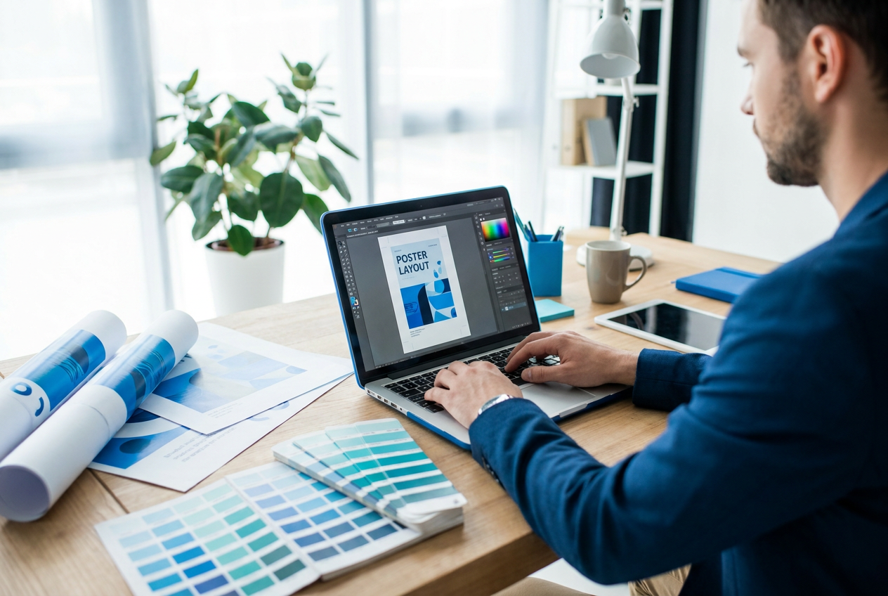 Designer werkt aan een posterontwerp op een laptop met kleurstalen ernaast