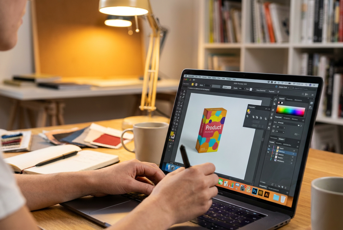 Ontwerper werkt aan een verpakkingsontwerp op de computer