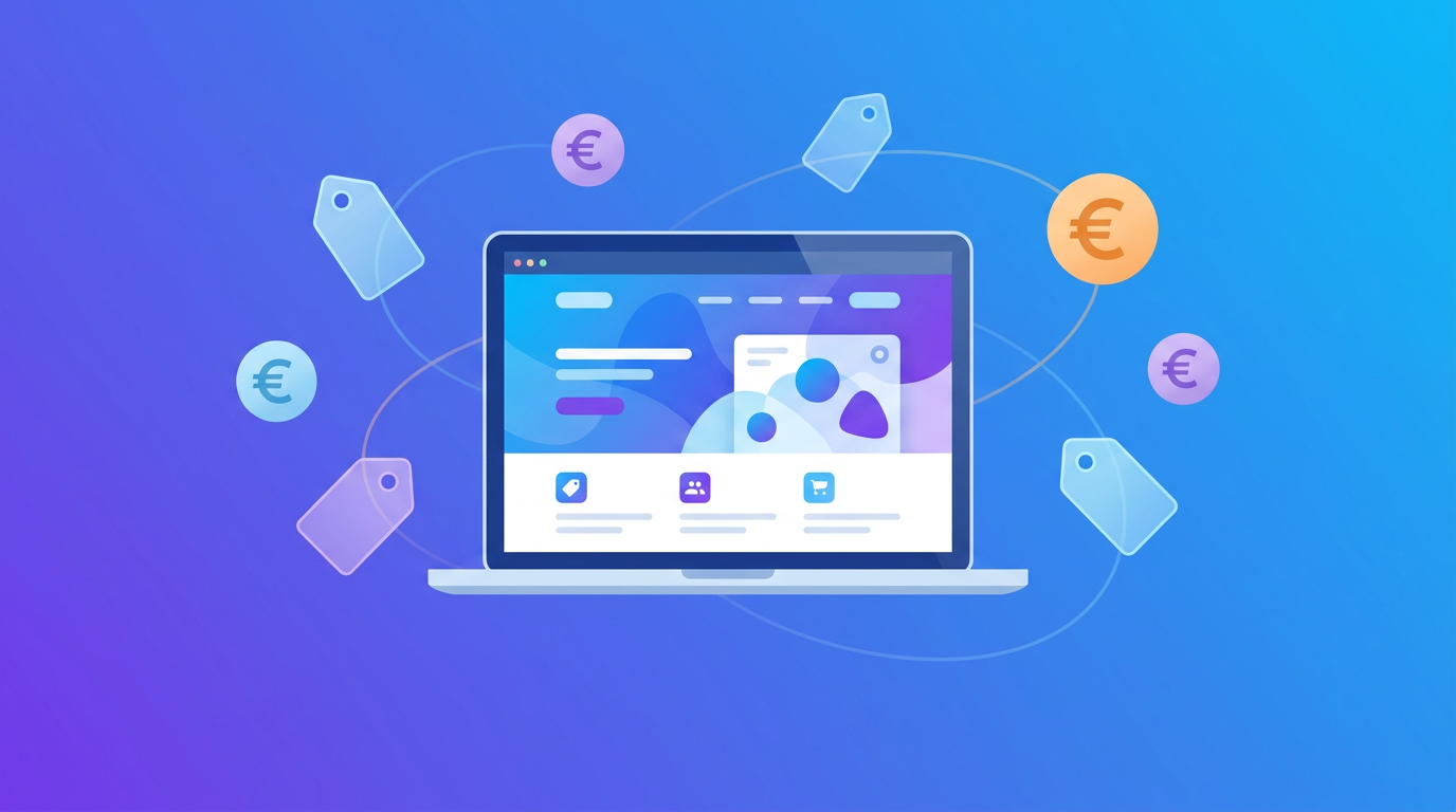 Overzicht van website kosten met laptop en design elementen